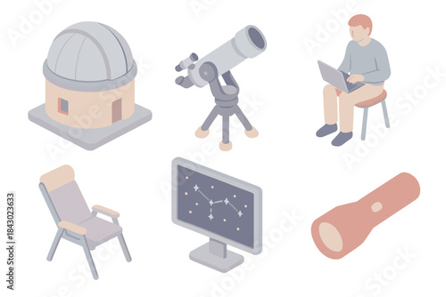 Observatory Equipment Icons. Isometric vector illustration set of observatory equipment: dome observatory building, rotating