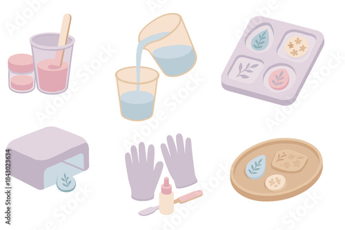 Resin Casting Workshop Icons. Isometric vector illustration set of resin casting workshop: pigment mixing tools, measuring cup