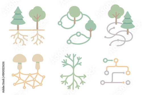 Eco-Network Visualization. Isometric vector illustration set of eco-network visualization: root-level data transmission,
