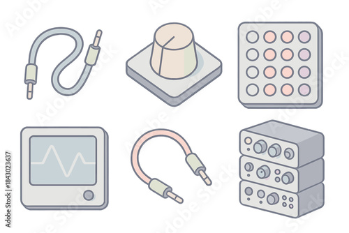 Analog Synthesis Icons. Isometric vector illustration set of analog synthesis setup: LFO modulation cable, filter cutoff knob,
