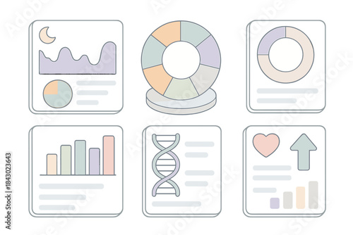 Quantified Self Dashboard. Isometric vector illustration set of quantified self dashboard: sleep cycle visualization, nutrient