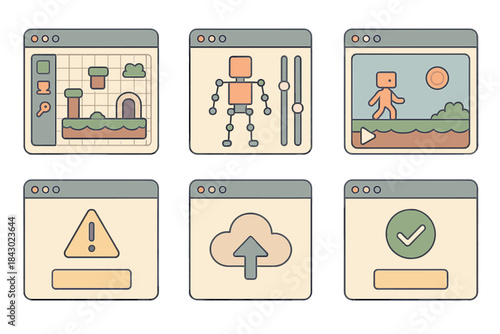 Game Design Tools. Isometric vector illustration set of level and animation editors: grid-based map builder, sprite rig editor,