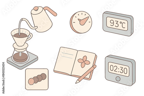 Precision Coffee Brewing Setup. Isometric vector illustration set of precision brewing setup: kettle pouring over coffee bed,