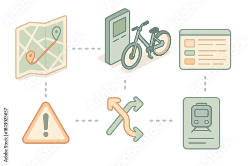 Connected Transit Icons. Isometric vector illustration set of connected transit icons: journey planner map, smart bike station,