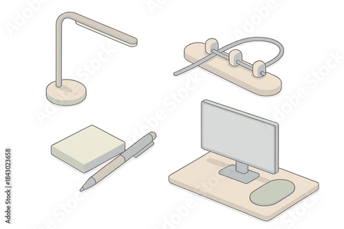 Smart Desk Essentials. Isometric vector illustration set of smart desk organization tools: dimmable desk light, cable tidying