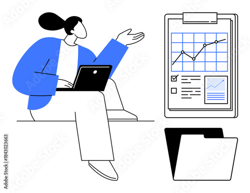 Business strategy, data management, financial analysis, productivity, planning, team collaboration. Person with a laptop gestures towards a clipboard graph. Business strategy and data management