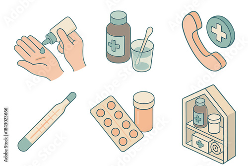 Personal Healthcare Icons. Isometric vector illustration set of personal healthcare icons: applying antiseptic on cut, wound