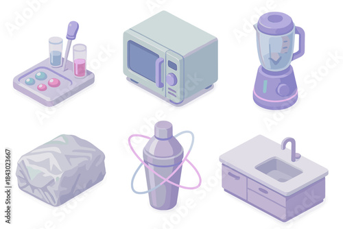 Futuristic Cooking Icons. Isometric vector illustration set of futuristic cooking icons: spherification molecular kit,