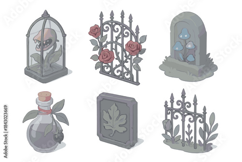 Eerie Floral Artifacts. Isometric vector illustration set of eerie floral artifacts: carnivorous plant behind gothic glass, rose