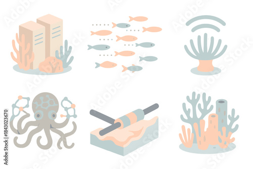 Oceanic Data Ecosystem. Isometric vector illustration set of ocean-inspired data visualization: server coral structures, streaming