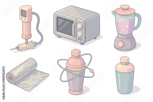 Retro-Futuristic Kitchen Tools. Isometric vector illustration set of retro-futuristic kitchen tools: molecular gastronomy