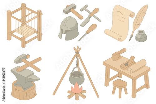 Historical Craftsmanship Tools. Isometric vector illustration set of historical craftsmanship tools: wooden weaving frame, armor