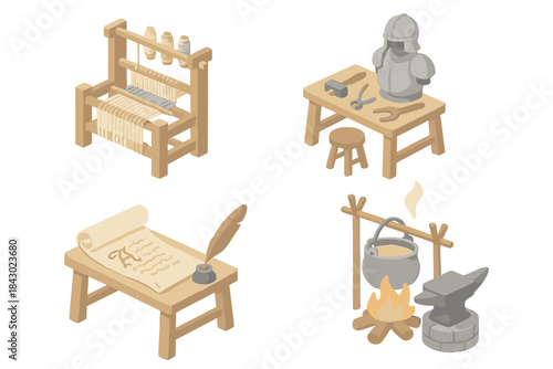 Medieval Workshop Icons. Isometric vector illustration set of traditional medieval workshops: weaving with shuttle and threads,