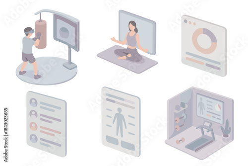 Digital Fitness Experience. Isometric vector illustration set of digital fitness experience: VR cardio boxing setup, virtual yoga