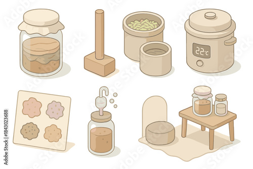 Fermentation Process Icons. Isometric vector illustration set of fermentation process icons: SCOBY hotel vessel, kraut pounding