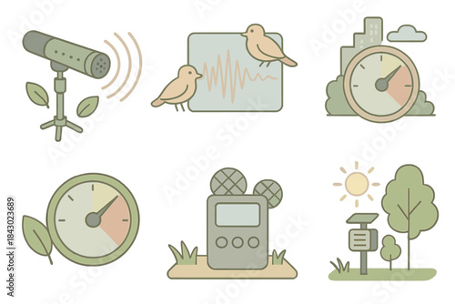 Sound Environment Icons. Isometric vector illustration set of sound environment analysis: directional microphone capturing ambient