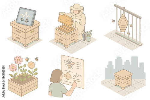 Rooftop Beekeeping Essentials. Isometric vector illustration set of rooftop apiary management: hive health monitoring device,