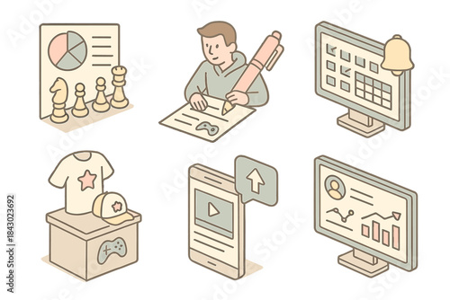 Esports Ecosystem Icons. Isometric vector illustration set of esports ecosystem icons: pick analysis diagram, player contract