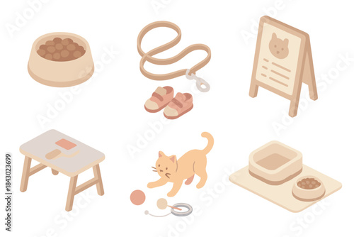Pet Care Essentials. Isometric vector illustration set of home pet activities: food serving bowl for feeding, leash and shoes for