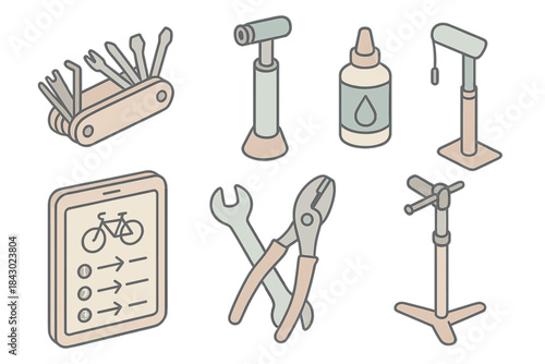 Cycling Toolkit Icons. Isometric vector illustration set of cycling toolkit: multi-tool set, bike pump, lubricant tube, wrench and