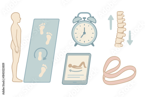 Daily Posture Routine. Isometric vector illustration set of daily posture care workflow: upright human silhouette, stretch mat