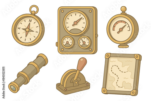 Steampunk Navigation Instruments. Isometric vector illustration set of steampunk navigation instruments: brass compass, gauge