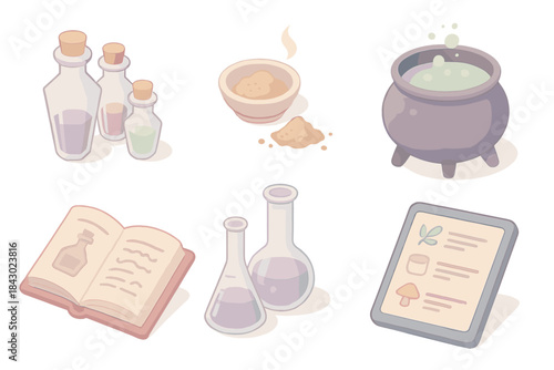 Enchanted Potion Icons. Isometric vector illustration set of enchanted potion workflow: crystal vials, powdered ingredients,