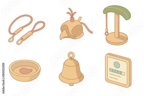 Falconry Kit Essentials. Isometric vector illustration set of falconry kit: jess and leash, falcon hood, perch with tether,