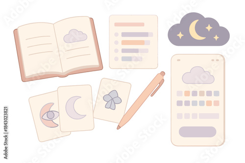 Dream Analysis Toolkit. Isometric vector illustration set of subconscious motif tracking: dream journal open, motif frequency