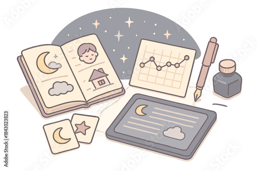 Dream Journaling Tools. Isometric vector illustration set of dream journaling tools: open journal with dream sketches, recurring
