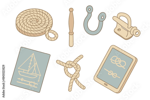 Sailboat Tools Icons. Isometric vector illustration set of traditional sailboat tools: coiled rope bundle, belaying pin, shackle