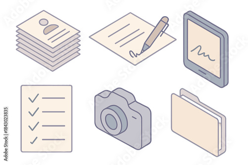 Document Management Icons. Isometric vector illustration set of documentary release management: consent form pile, pen and paper,