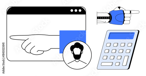 Digital communication, user interface, robotics, technology tools, automation, calculations. Hand gestures, user profile icon, computer interface robotic pointing hand electronic calculator