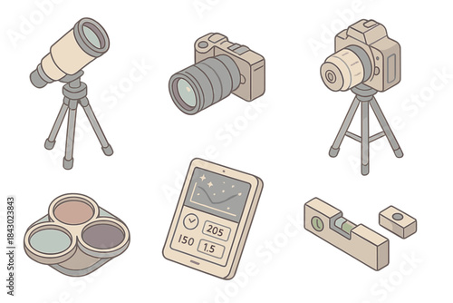 Night Sky Setup Icons. Isometric vector illustration set of night sky imaging setup: telescope tripod, camera with lens, star