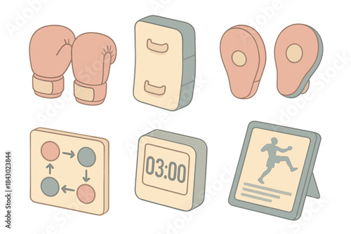 Muay Thai Gear Icons. Isometric vector illustration set of Muay Thai training kit: gloves, kick shield, focus mitts, combo