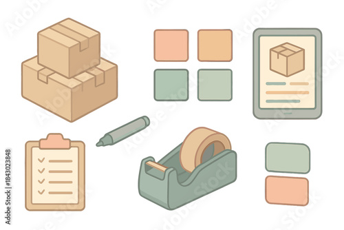 Packing Toolkit Icons. Isometric vector illustration set of packing and labeling toolkit: stack of cardboard boxes, colored labels
