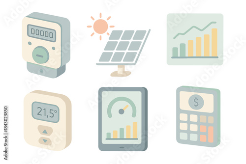 Home Energy Tools. Isometric vector illustration set of home energy monitoring tools: smart electricity meter, solar panel icon,