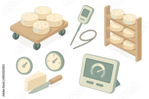 Cheese Maturation Monitoring. Isometric vector illustration set of cheese maturation monitoring: cheese board with wheels,