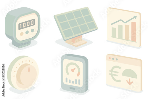 Energy Efficiency Icons. Isometric vector illustration set of energy efficiency workflow: smart meter icon, solar panel,