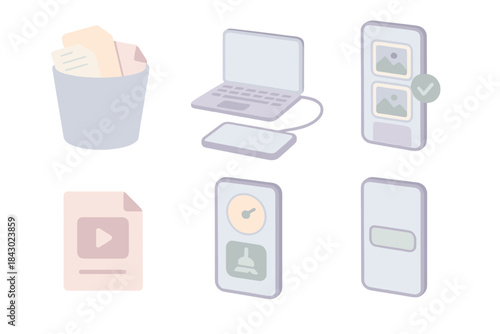 Smartphone Storage Management. Isometric vector illustration set Basic smartphone storage cleanup and management: trash bin with