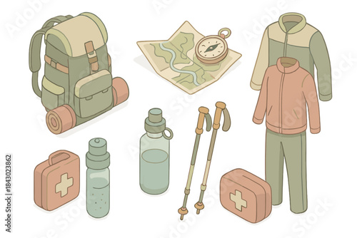 Hiking Essentials Illustration. Isometric vector illustration set Weekend hiking preparation and trail essentials: packed hiking