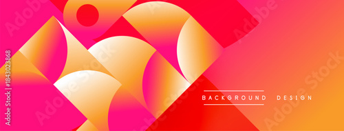 Abstract geometric shapes blend vibrant orange, pink hues. Modern design evokes energy, fluidity, visual interest. Gradient colors create dynamic composition.