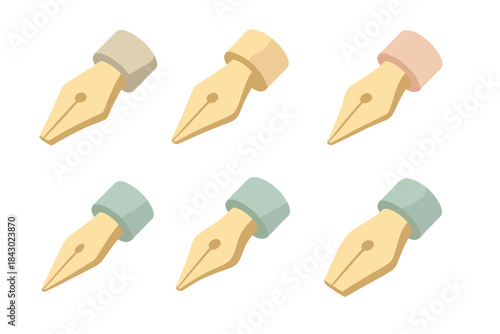 Vintage Pen Nib Styles. Isometric vector illustration set Vintage fountain pen nib grinding styles: italic nib with flat edge,