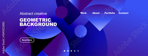 Abstract website design features vibrant blue, purple gradients. Geometric shapes dominate layout, text invites exploration. Modern, clean aesthetic.