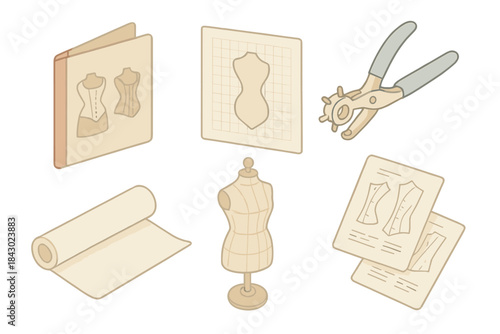Victorian Corsetry Tools. Isometric vector illustration set Historical corsetry pattern drafting tools: template folder with