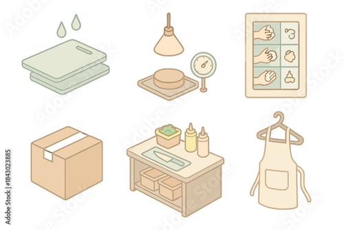 Food Truck Prep Essentials. Isometric vector illustration set Food truck health inspection preparation: sanitized cutting board