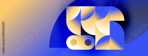 Abstract geometric composition. Blue, orange hues blend. Shapes overlap creating dynamic visual effect. Modern design elements present.