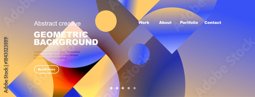 Abstract website design features geometric shapes, vibrant colors, navigation menu. Text promotes creative background concept.