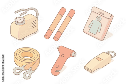 Car Emergency Kit Essentials. Isometric vector illustration set Basic car emergency kit contents: portable air compressor, warning