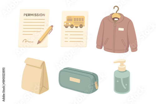 Morning School Essentials. Isometric vector illustration set Morning school run preparation checklist: permission slip ready to